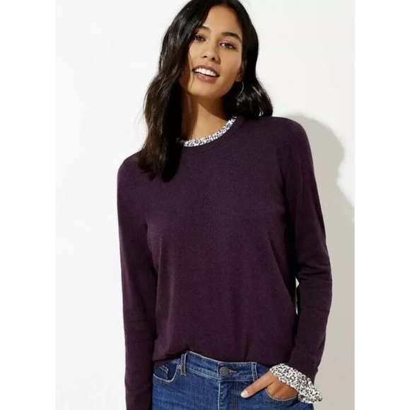 LOFT Sweaters - loft plum mixed media ruffle trim sweater